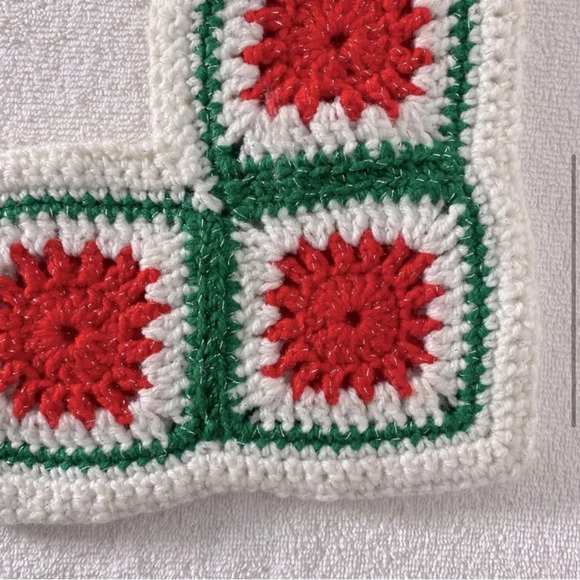 Vintage Handmade Crochet Red  White Green Granny Square Christmas Stocking - Picture 4 of 11